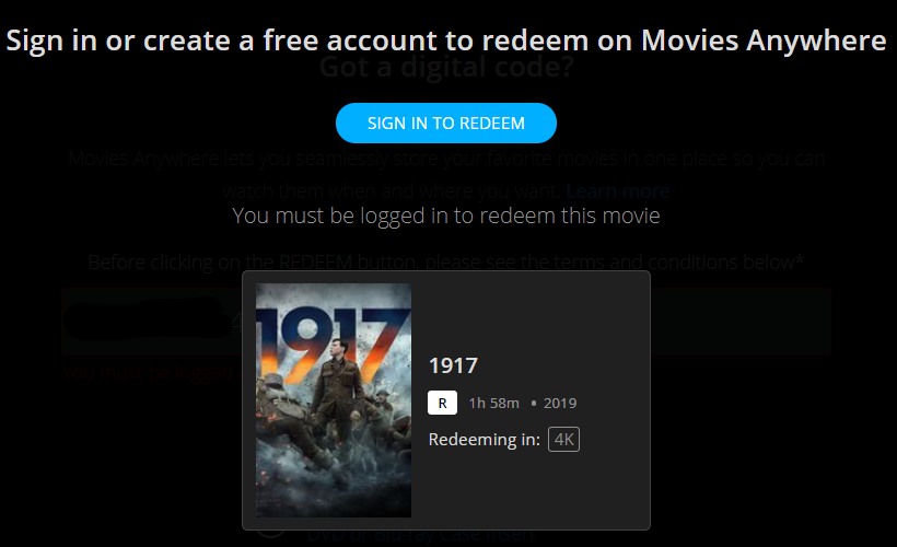 1917 4K Digital Code (2019) (Redeems in Movies Anywhere; 4K Vudu