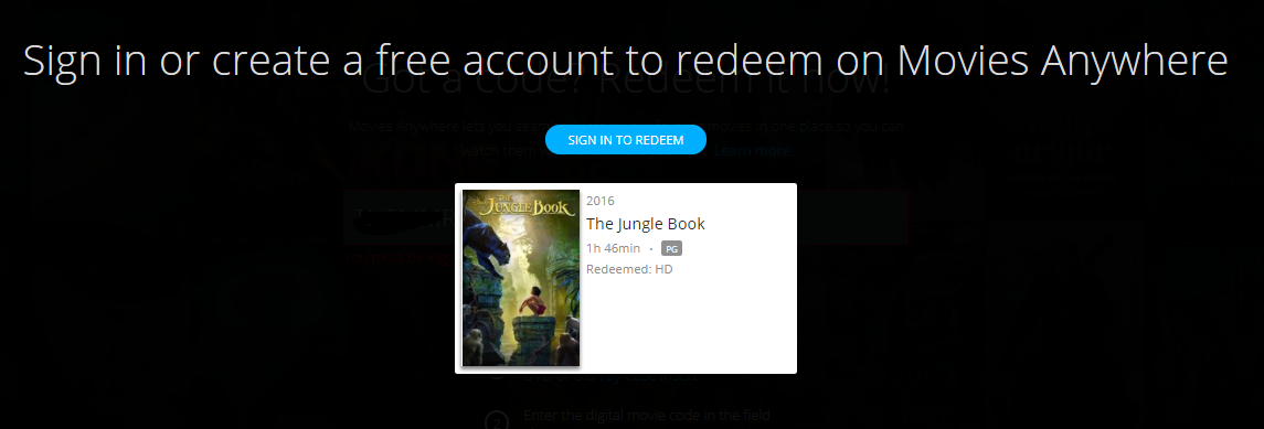 The Jungle Book HD Digital Code (2016) (Redeems in Movies Anywhere