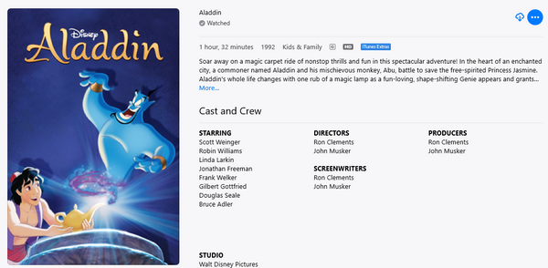 Aladdin HD Digital Code (1992 animated theatrical version) (Redeems in ...