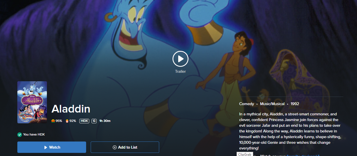 Aladdin HD Digital Code (1992 animated theatrical version) (Redeems in ...