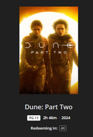 Dune: Part Two 4K Digital Code (2024) (Redeems in Movies Anywhere; UHD Vudu Fandango at Home & 4K iTunes Apple TV Transfer From Movies Anywhere)