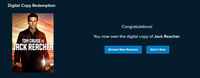 Jack Reacher Vudu Fandango at Home HDX Digital Code (2012)