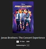 Jonas Brothers: The Concert Experience HD Digital Code (2009) (Redeems in Movies Anywhere; HDX Vudu Fandango at Home & HD iTunes Apple TV Transfer From Movies Anywhere)