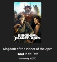 Kingdom of the Planet of the Apes 4K Digital Code (2024) (Redeems in Movies Anywhere; 4K Vudu Fandango at Home & 4K iTunes Apple TV Transfer From Movies Anywhere)
