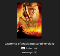 Lawrence of Arabia 4K Digital Code (1962 Restored Version) (Redeems in Movies Anywhere; 4K Vudu Fandango at Home & 4K iTunes Apple TV Transfer From Movies Anywhere)