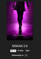 M3GAN 2.0 Theatrical + Unrated Versions 4K Digital Code (2025) (Redeems in Movies Anywhere; 4K Vudu Fandango at Home & 4K iTunes Apple TV Transfer From Movies Anywhere)