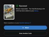 Mission: Impossible - The Final Reckoning Vudu Fandango at Home 4K Digital Code (2025)