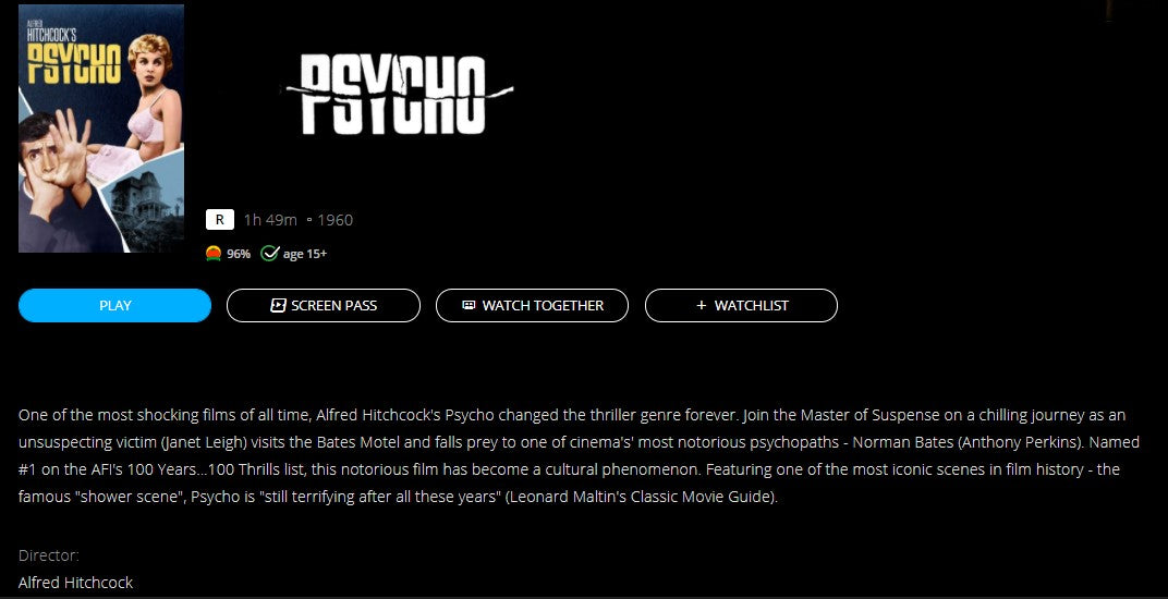 Psycho HD Digital Code (1960) (Redeems in Movies Anywhere; HDX Vudu Fa ...