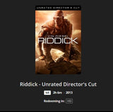 Riddick HD Digital Code (2013 Unrated Director's Cut) (Redeems in Movies Anywhere; HDX Vudu Fandango & HD iTunes Apple TV Transfer From MA)
