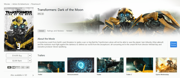 Transformers: Dark of the Moon iTunes Apple TV 4K Digital Code (2011 ...