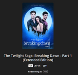 The Twilight Saga: Breaking Dawn Part 1 HD Digital Code (2011 Extended) (Redeems in Movies Anywhere; HDX Vudu Fandango at Home & HD iTunes Apple TV Transfer From Movies Anywhere)