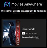 Underworld 4K Digital Code (2003 theatrical version) (Redeems in Movies Anywhere; UHD Vudu Fandango at Home & 4K iTunes Apple TV Transfer From Movies Anywhere)