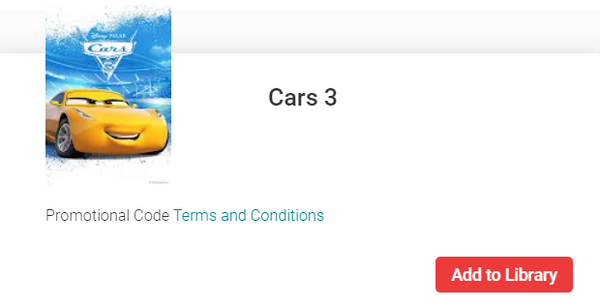 Cars 3 Google TV HD Digital Code Redeems in Google TV HD Movies