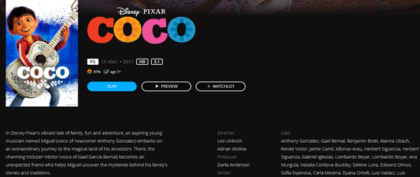 Coco Google TV HD Digital Code (Redeems in Google TV; HD Movies