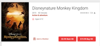 Disneynature Monkey Kingdom HD Digital Code (Redeems in Movies Anywhere; HDX Vudu & HD iTunes & HD Google TV Transfer From Movies Anywhere)