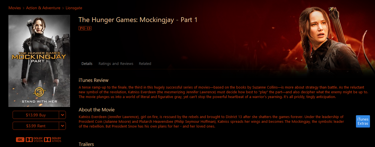 The Hunger Games: Mockingjay Part 1 iTunes Apple TV 4K Digital Code (2 ...