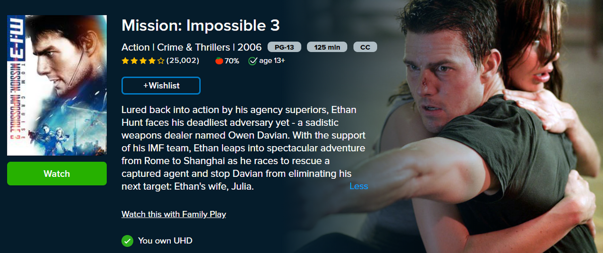 Mission: Impossible 3 Vudu Fandango at Home 4K Digital Code (2006 ...