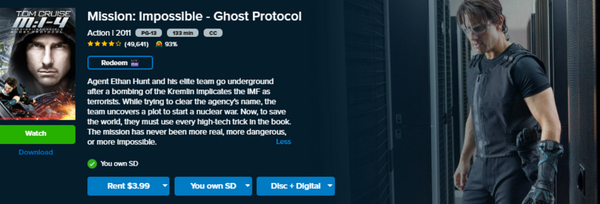 Mission Impossible Code Mission: Impossible - Ghost Protocol Vudu Fandango at Home SD Digital ...