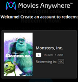 Monsters, Inc. 4K Digital Code (2001) (Redeems in Movies Anywhere; 4K Vudu Fandango at Home & 4K iTunes Apple TV Transfer From Movies Anywhere)