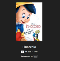 Pinocchio Walt Disney Signature Collection HD Digital Code (1940) (Redeems in Movies Anywhere; HDX Vudu & HD iTunes & HD Google TV Transfer From Movies Anywhere)
