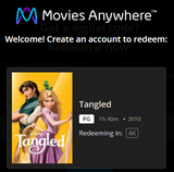 Tangled 4K Digital Code (2010) (Redeems in Movies Anywhere; 4K Vudu Fandango at Home & 4K iTunes Apple TV Transfer From Movies Anywhere)