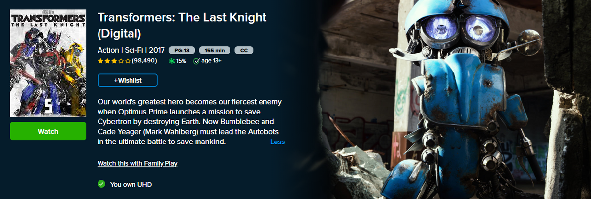 Transformers: The Last Knight Vudu Fandango at Home 4K Digital Code (2 ...